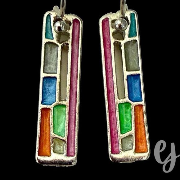 The Mondrian Pair – Colorblock Drop Earrings in Silver Tone – Geometric Design - Picture 1 of 8